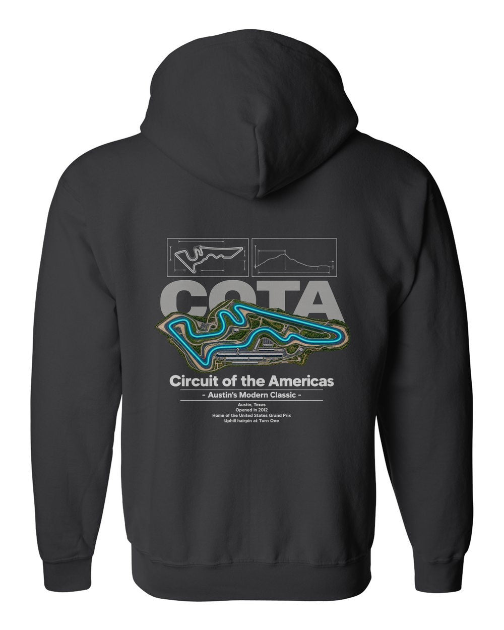 Circuit of the Americas black zip hoodie back view with the design