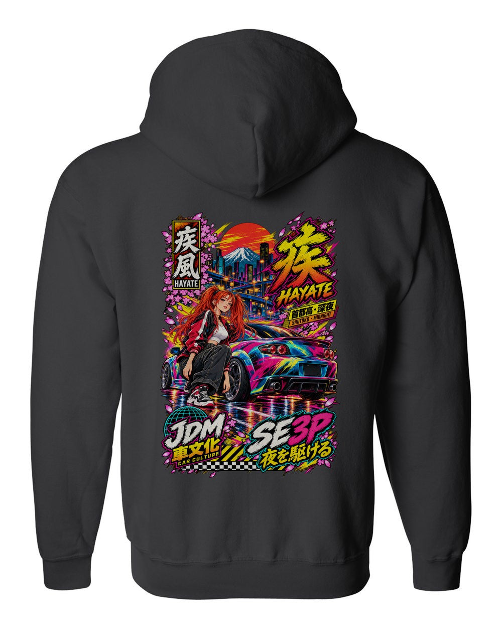 HAYATE SE3P full-back artwork black zip hoodie back view with the design