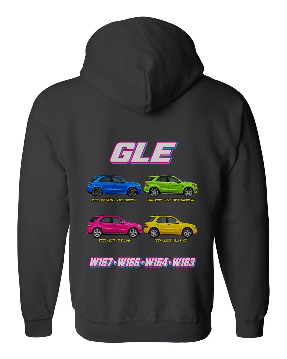 Mercedes GLE ML evolution poster black zip hoodie back view with the design