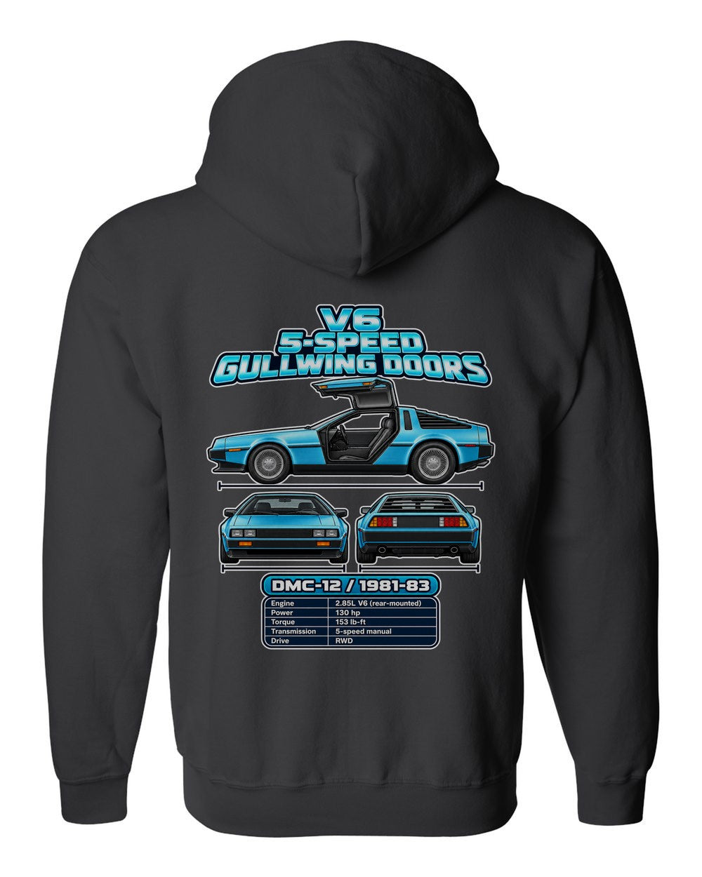 Delorean Dmc 12 spec sheet black zip hoodie back view with the design