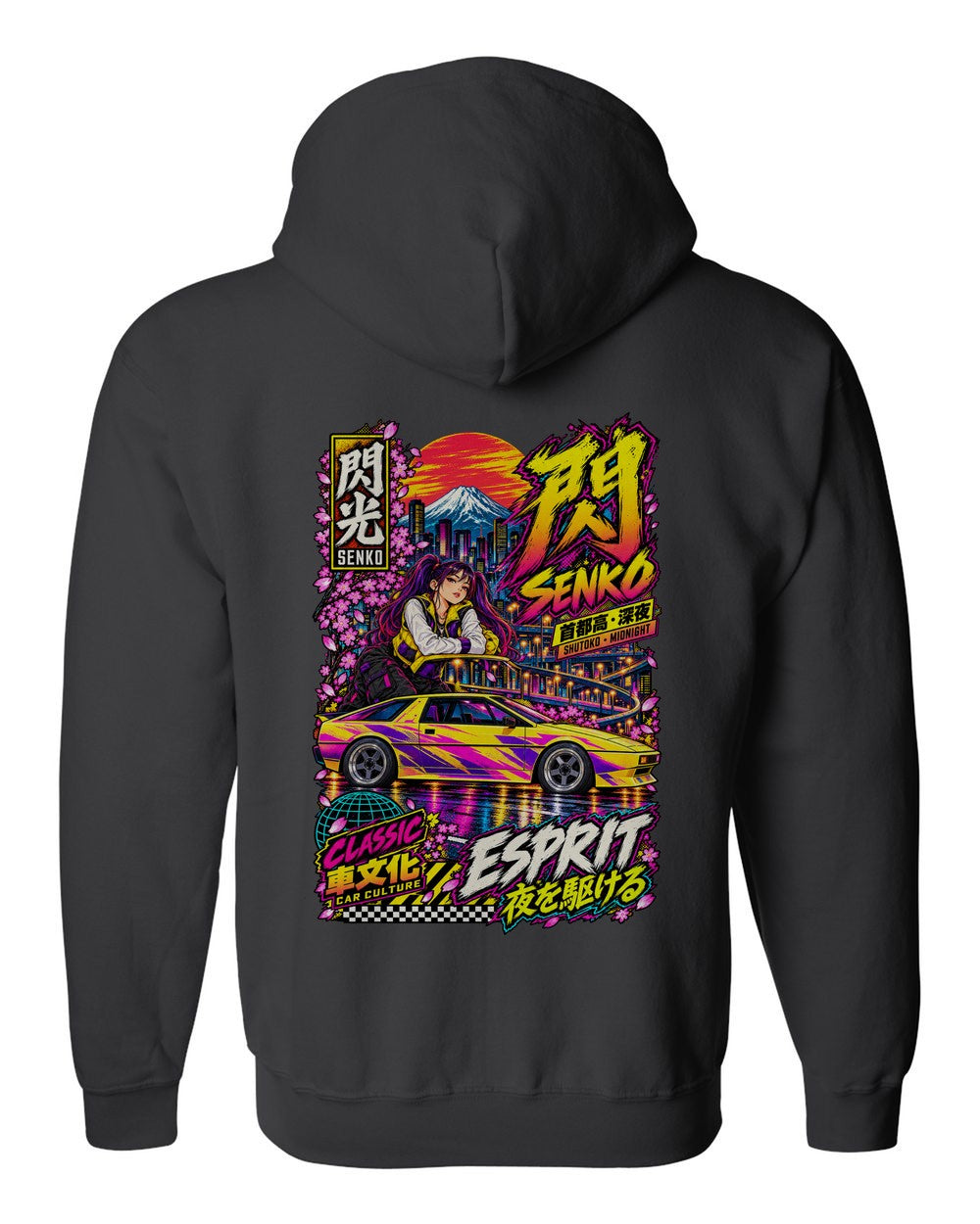 SENKO ESPRIT full-back artwork black zip hoodie back view with the design