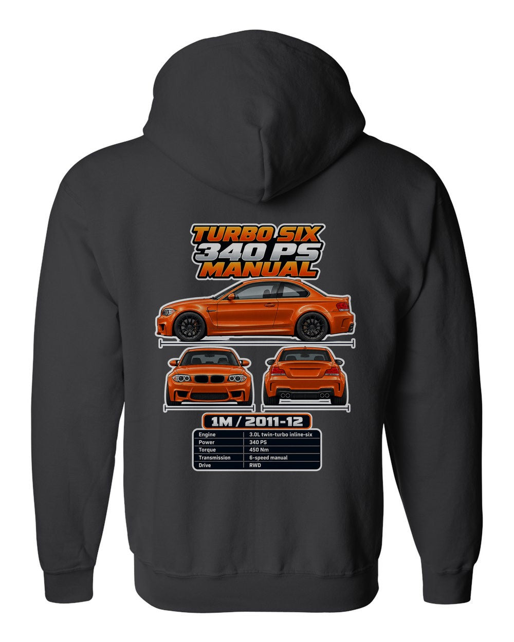 BMW 1 Series M Coupe spec sheet black zip hoodie back view with the design