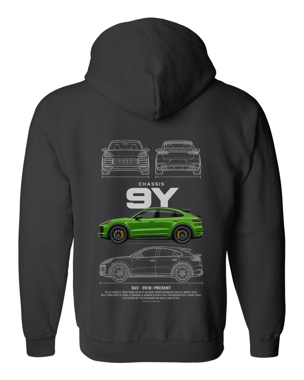 9Y full-back artwork black zip hoodie back view with the design