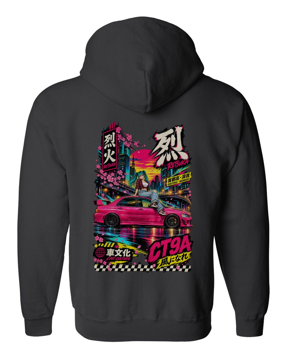 RETSUKA CT9A full-back artwork black zip hoodie back view with the design
