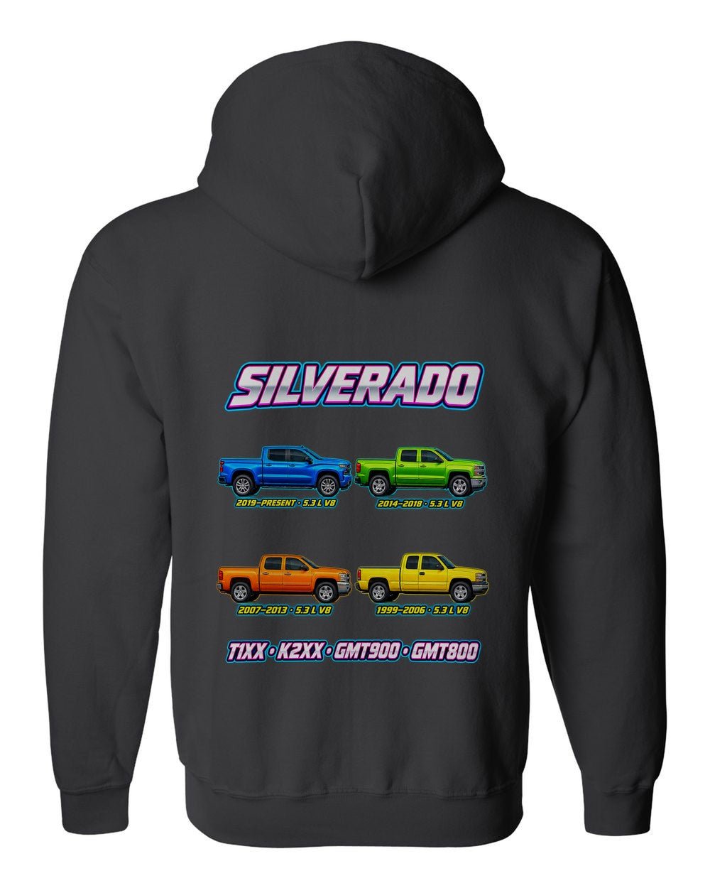 Chevy Silverado evolution poster black zip hoodie back view with the design