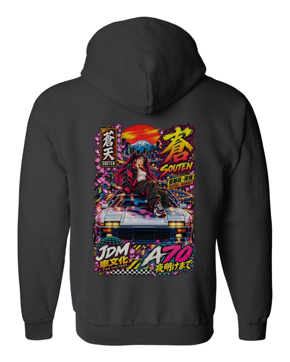 SOUTEN A70 full-back artwork black zip hoodie back view with the design