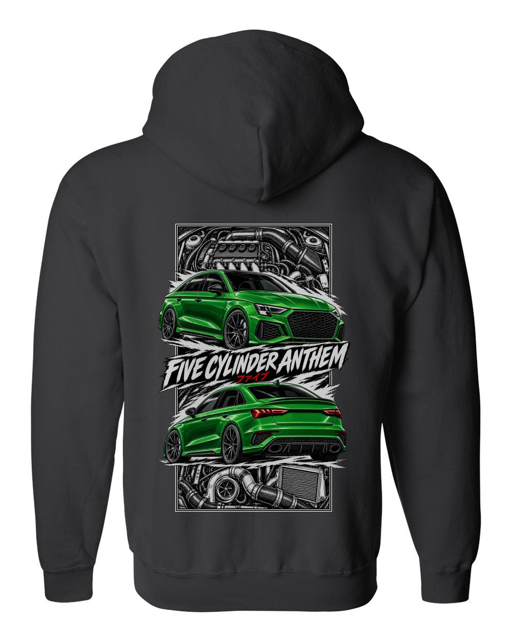 Audi Rs3 torn poster black zip hoodie back view with the design