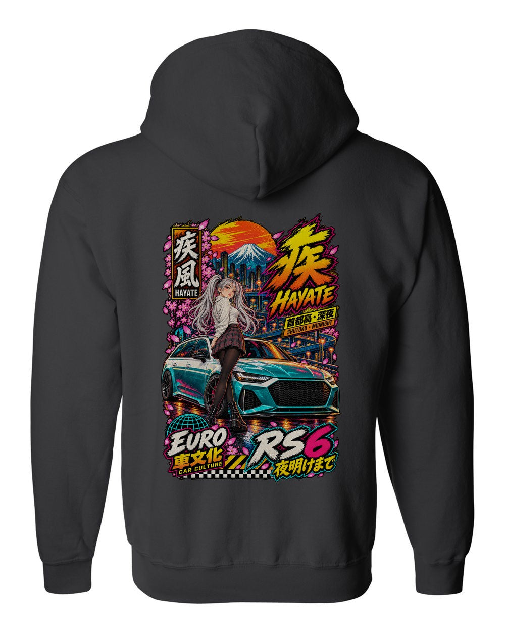 HAYATE RS6 full-back artwork black zip hoodie back view with the design