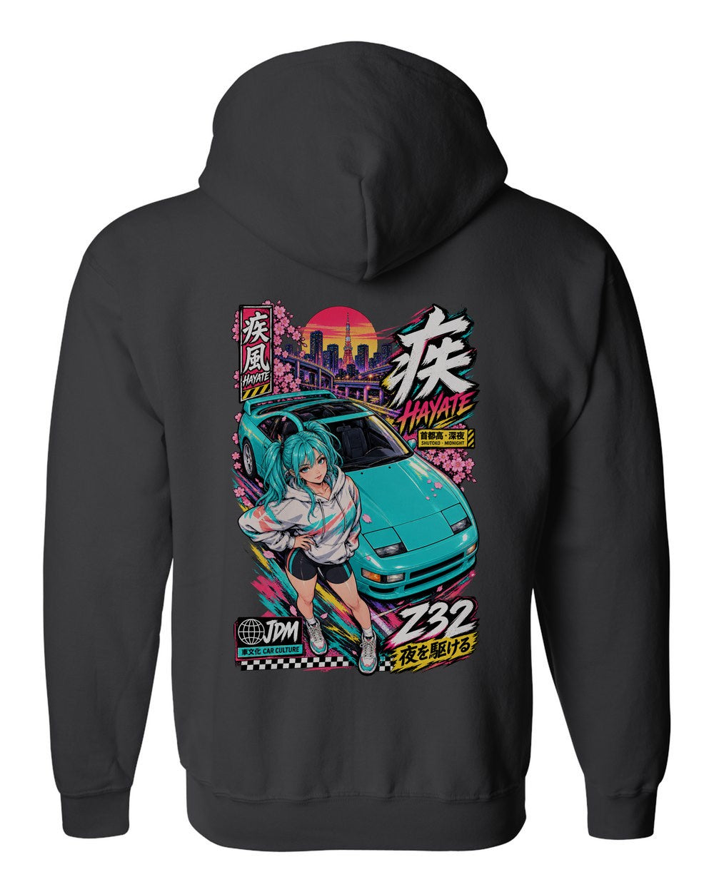 HAYATE Z32 full-back artwork black zip hoodie back view with the design