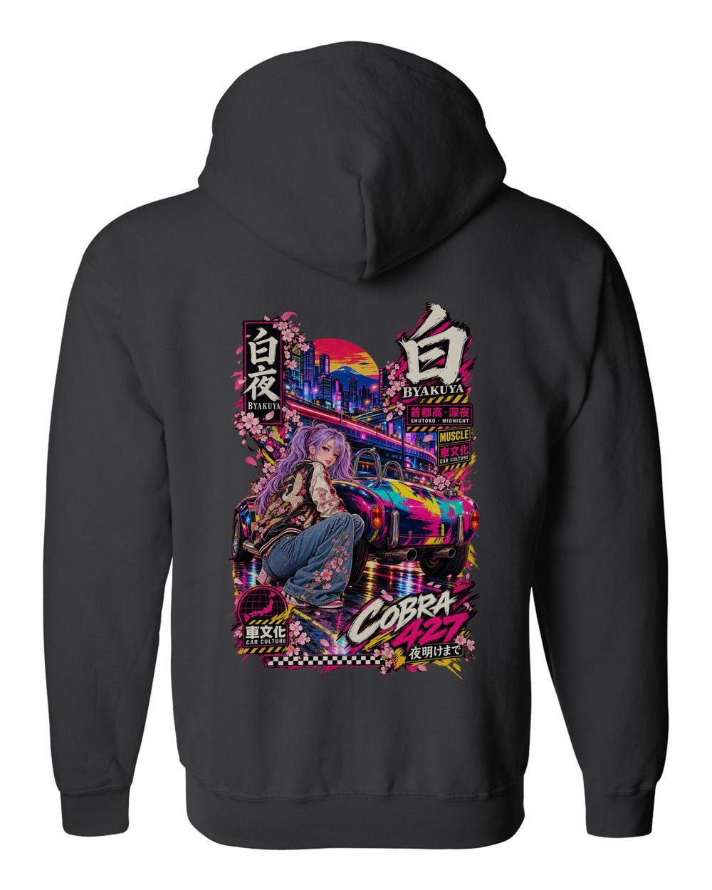 BYAKUYA COBRA 427 full-back artwork black zip hoodie back view with the design