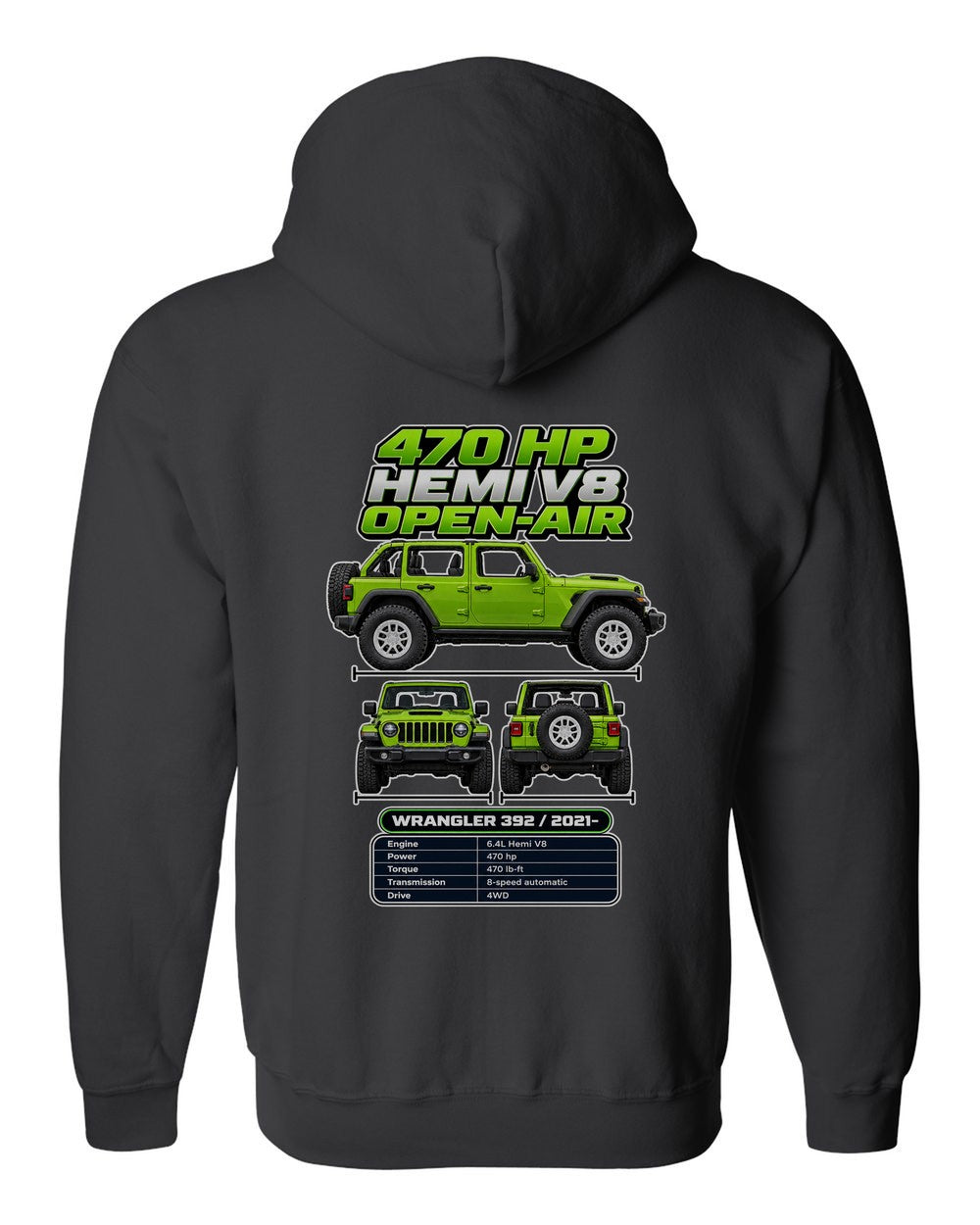 Jeep Wrangler 392 spec sheet black zip hoodie back view with the design