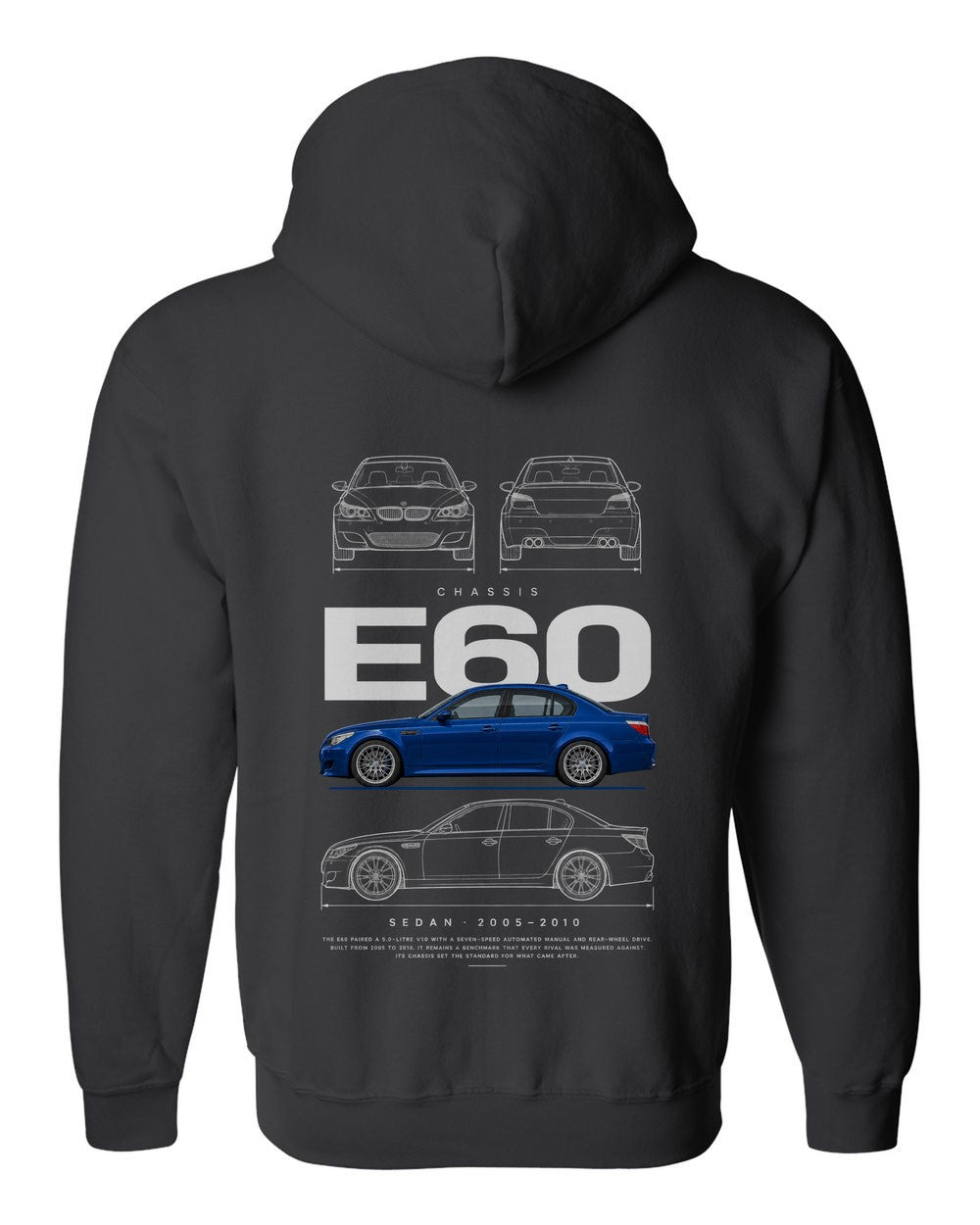 E60 full-back artwork black zip hoodie back view with the design