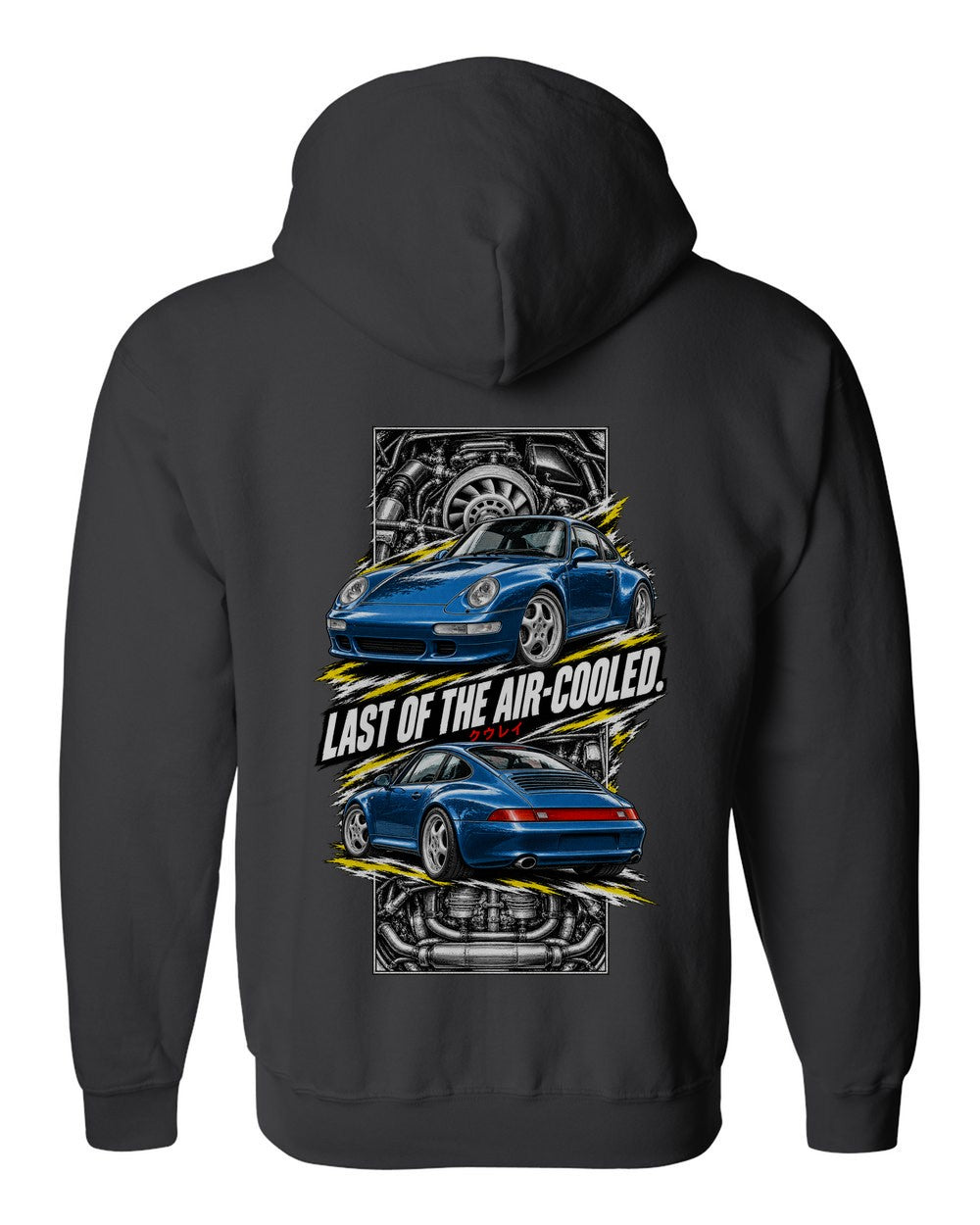 Porsche 911 993 torn poster black zip hoodie back view with the design