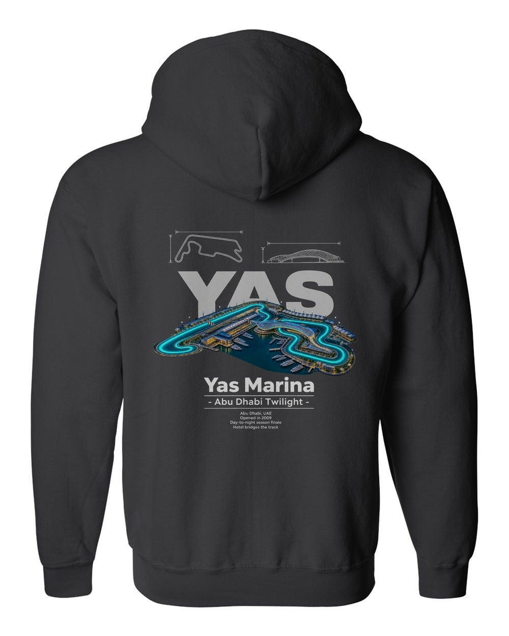 Yas Marina black zip hoodie back view with the design