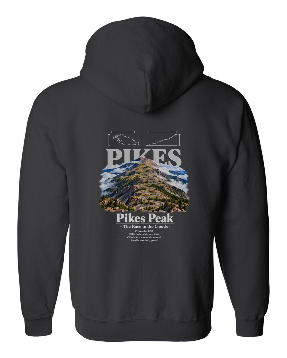 Pikes Peak black zip hoodie back view with the design