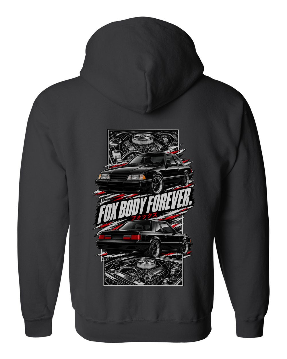 Ford Mustang Fox Body torn poster black zip hoodie back view with the design