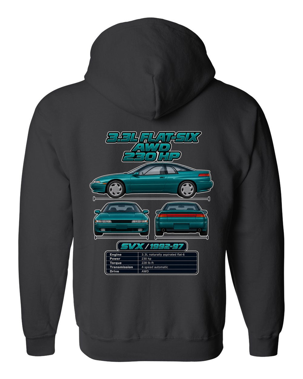 Subaru Svx spec sheet black zip hoodie back view with the design