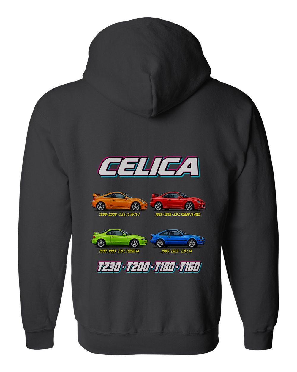 Toyota Celica evolution poster black zip hoodie back view with the design