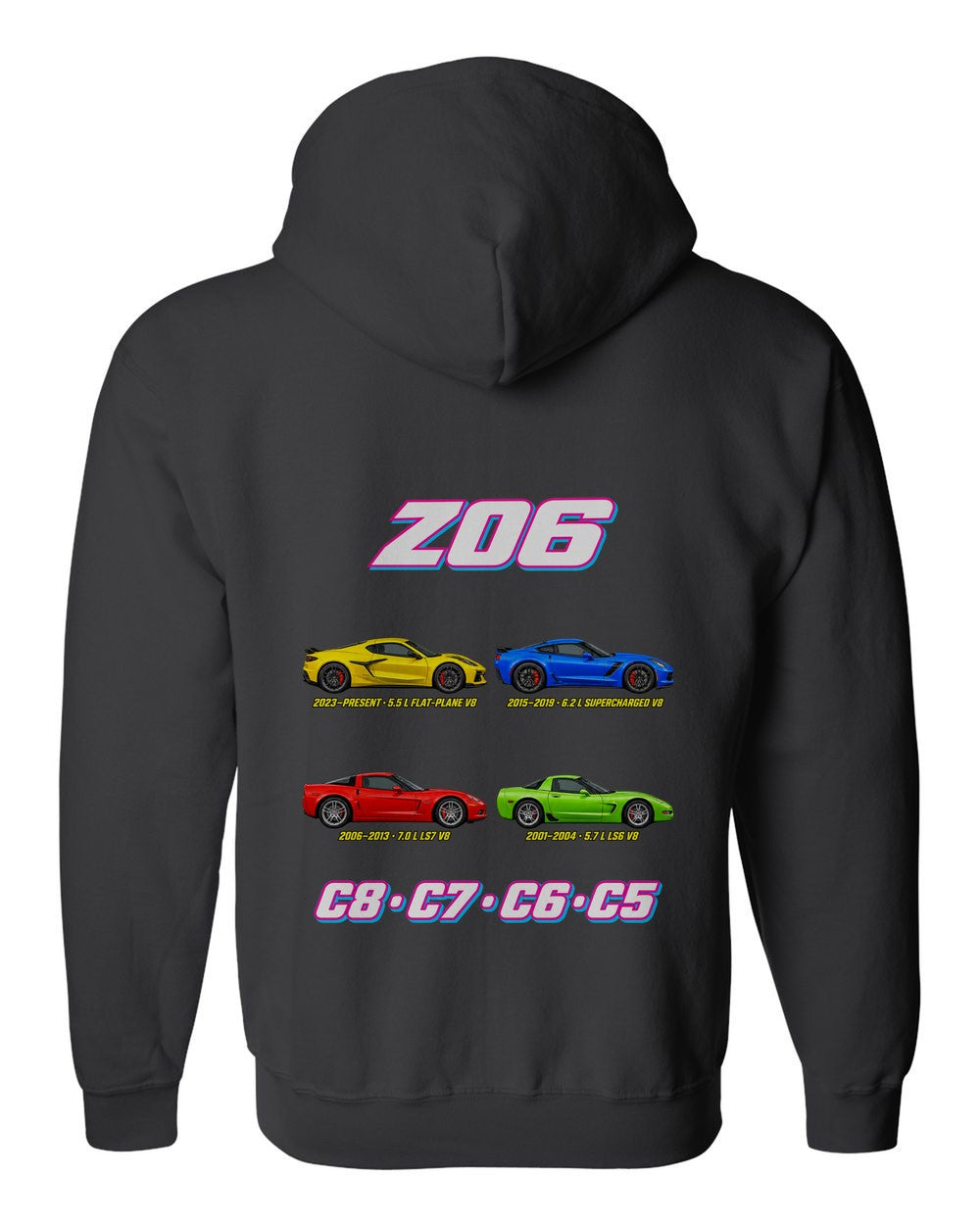 Corvette Z06 evolution poster black zip hoodie back view with the design