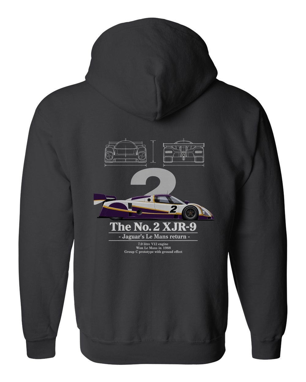 No. 2 XJR-9 black zip hoodie back view with the design