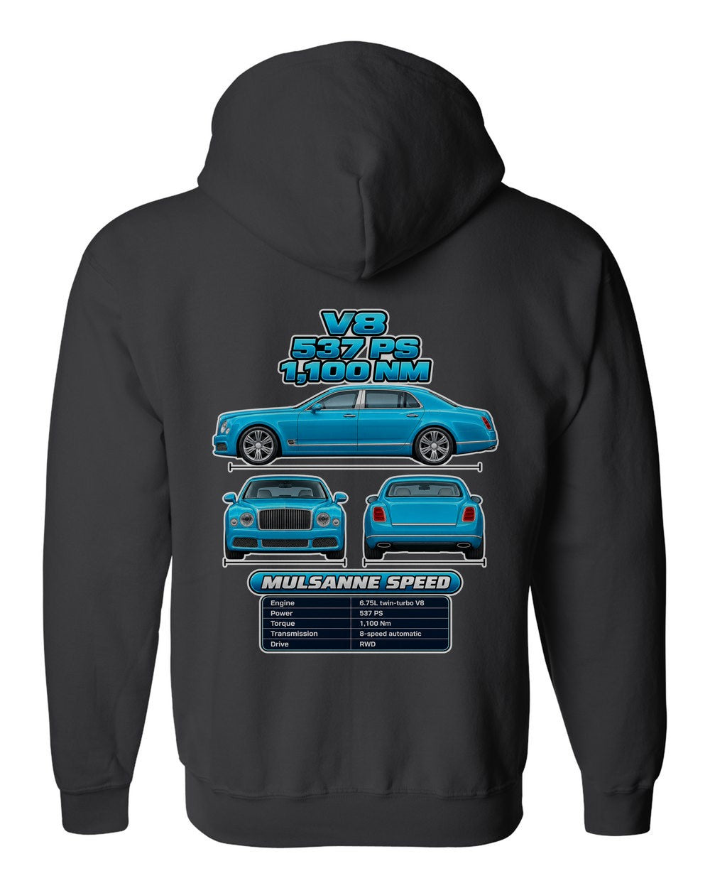 Bentley Mulsanne Speed spec sheet black zip hoodie back view with the design