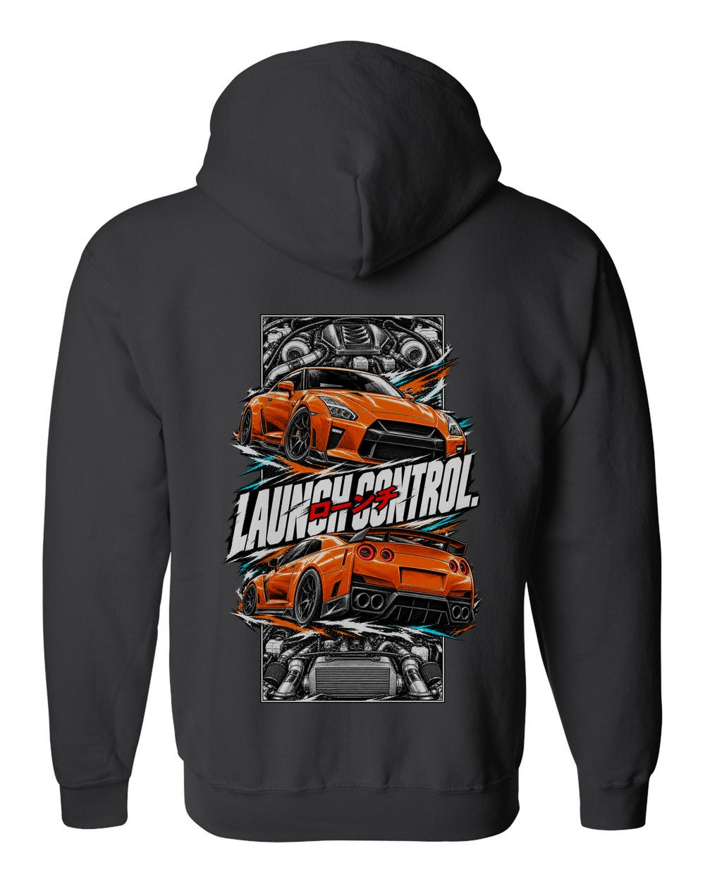 Nissan GT-R R35 torn poster black zip hoodie back view with the design