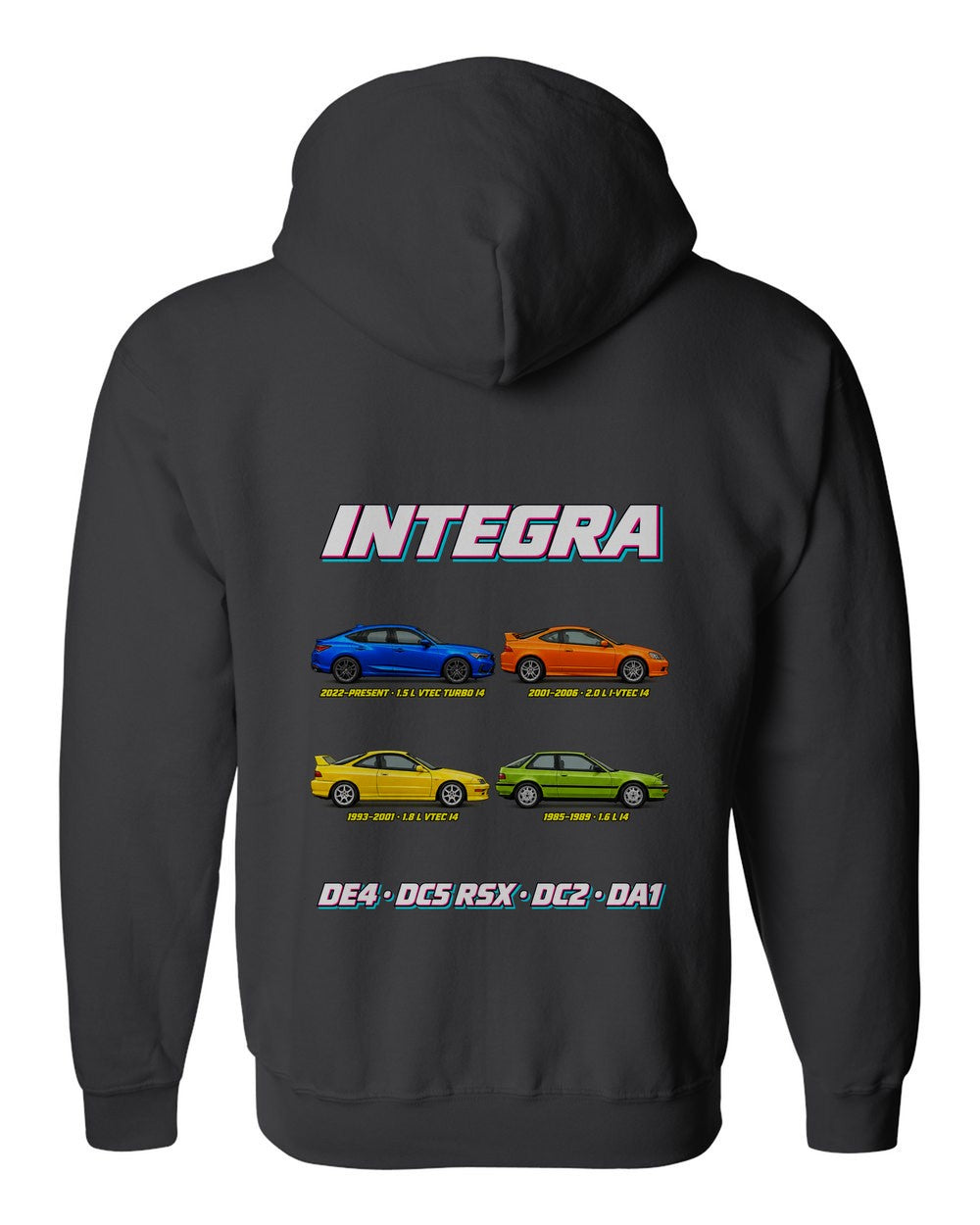 Acura Integra evolution poster black zip hoodie back view with the design