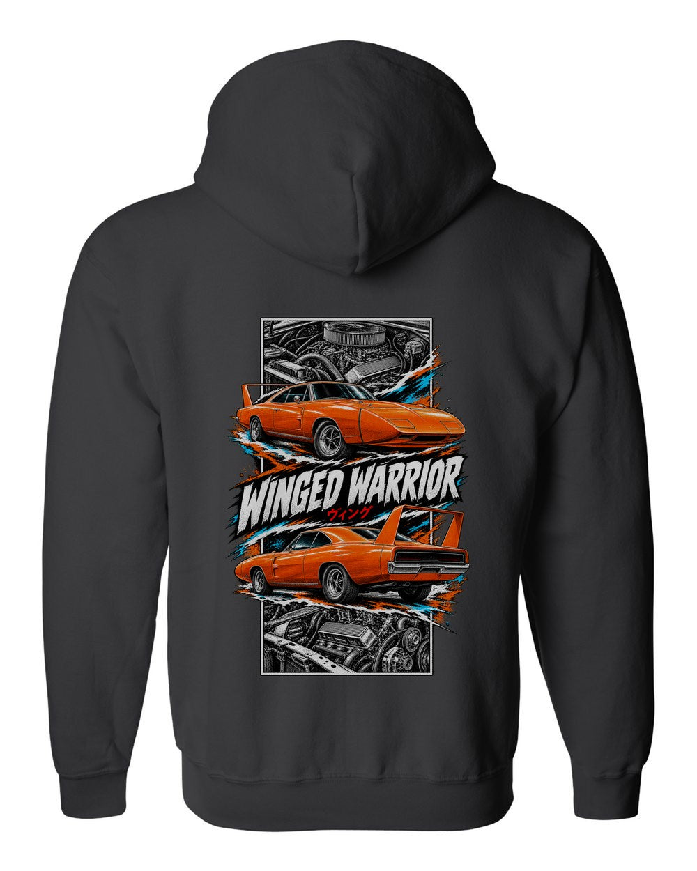 Dodge Charger Daytona torn poster black zip hoodie back view with the design