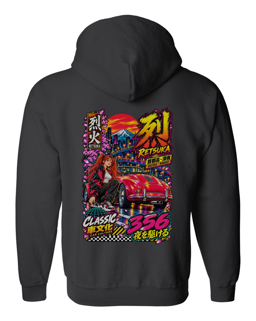 RETSUKA 356 full-back artwork black zip hoodie back view with the design
