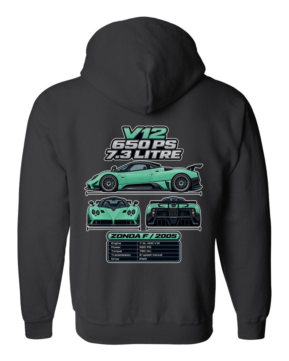 Pagani Zonda F spec sheet black zip hoodie back view with the design