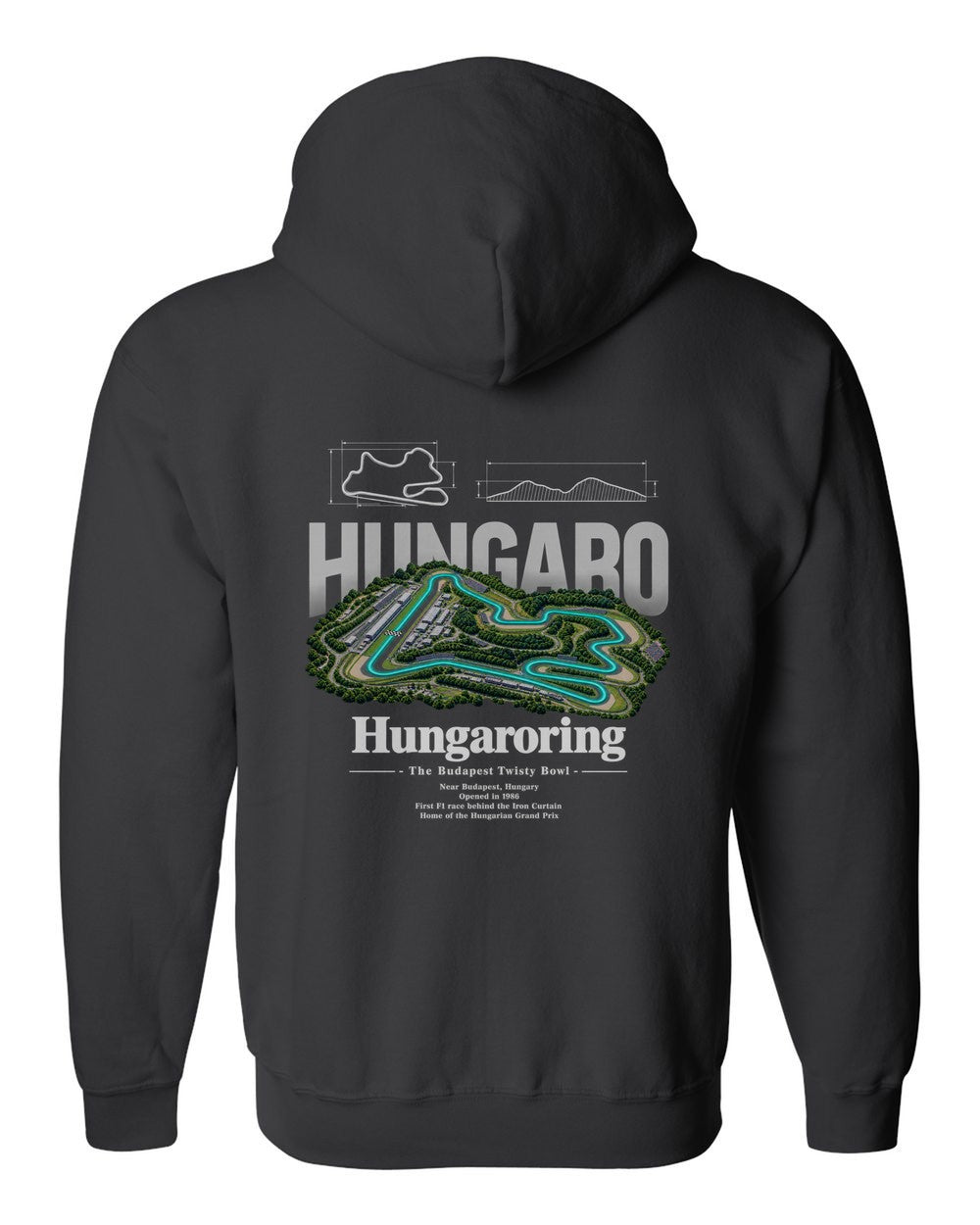 Hungaroring black zip hoodie back view with the design