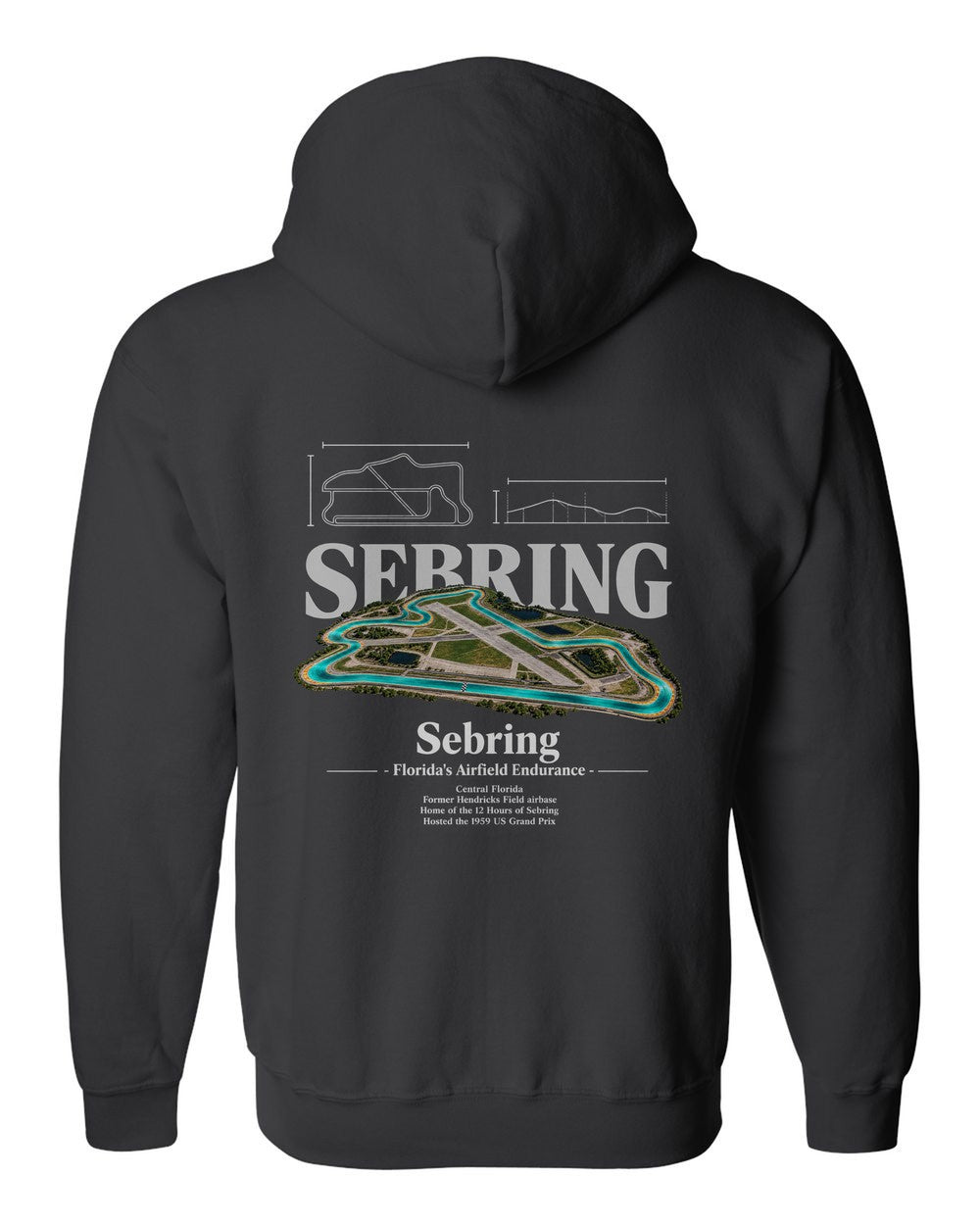 Sebring black zip hoodie back view with the design
