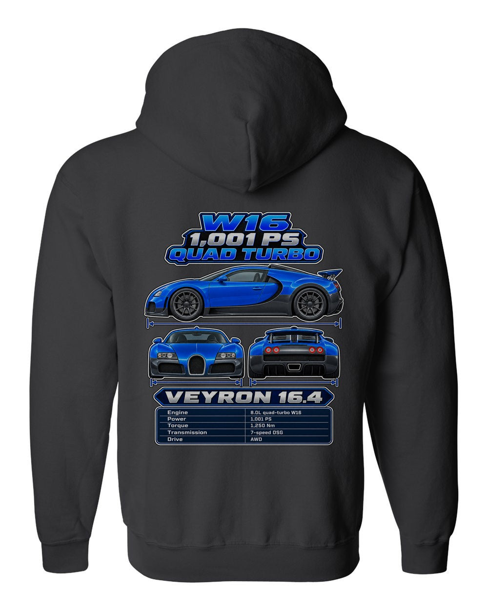 Bugatti Veyron 164 spec sheet black zip hoodie back view with the design