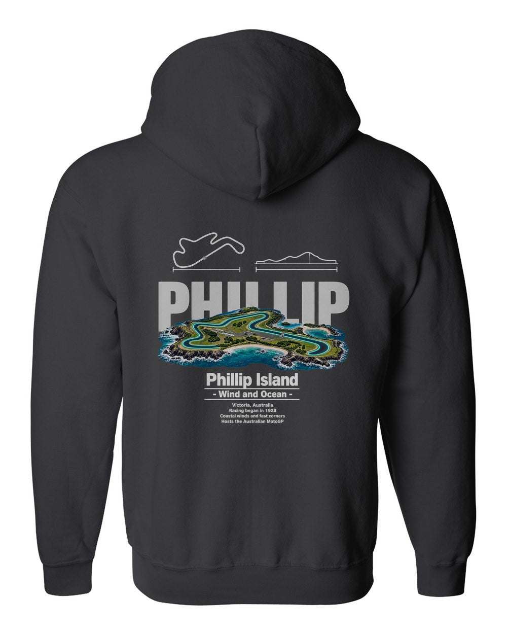 Phillip Island black zip hoodie back view with the design