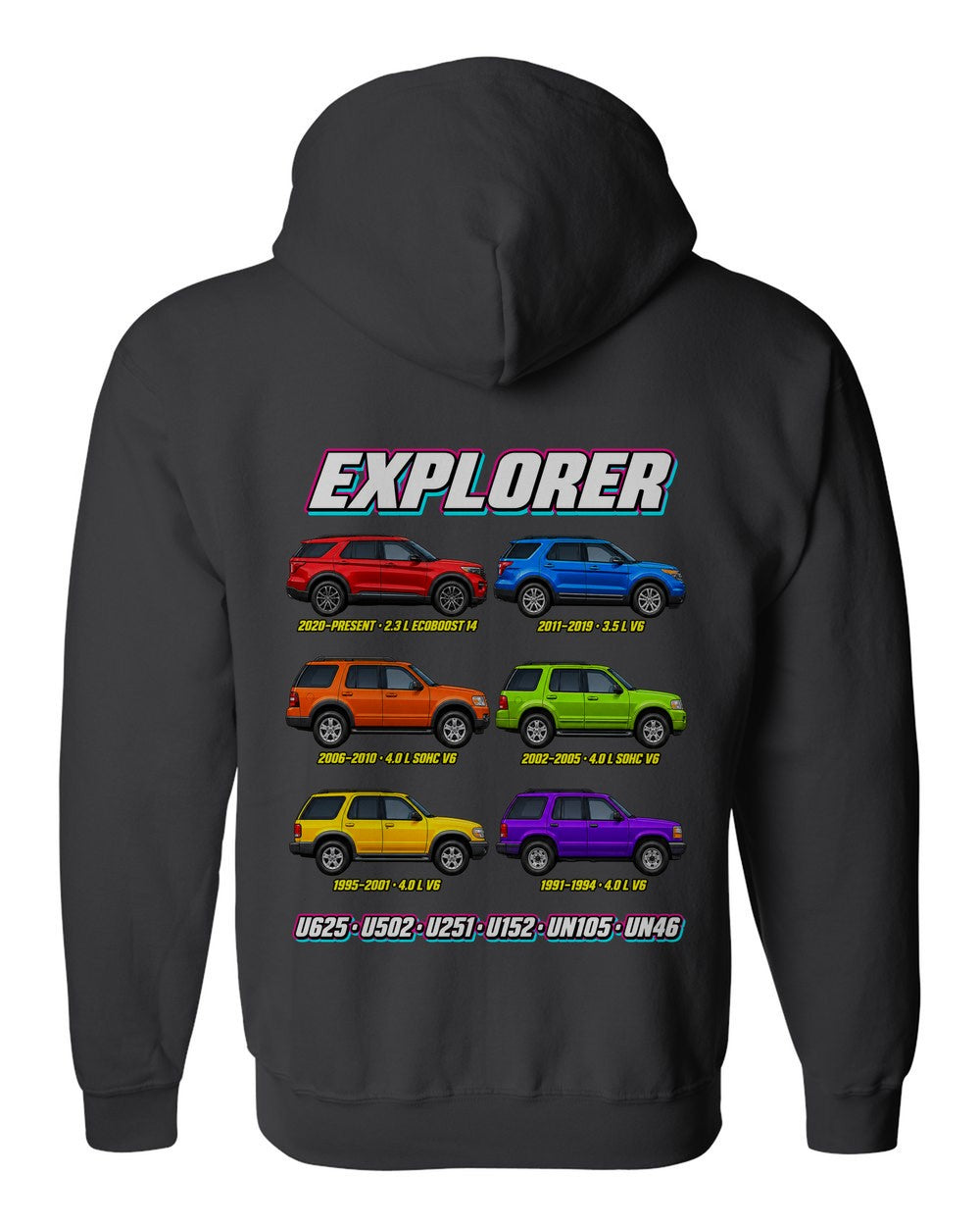 Ford Explorer evolution poster black zip hoodie back view with the design