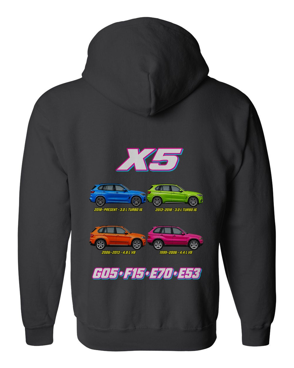 BMW X5 evolution poster black zip hoodie back view with the design