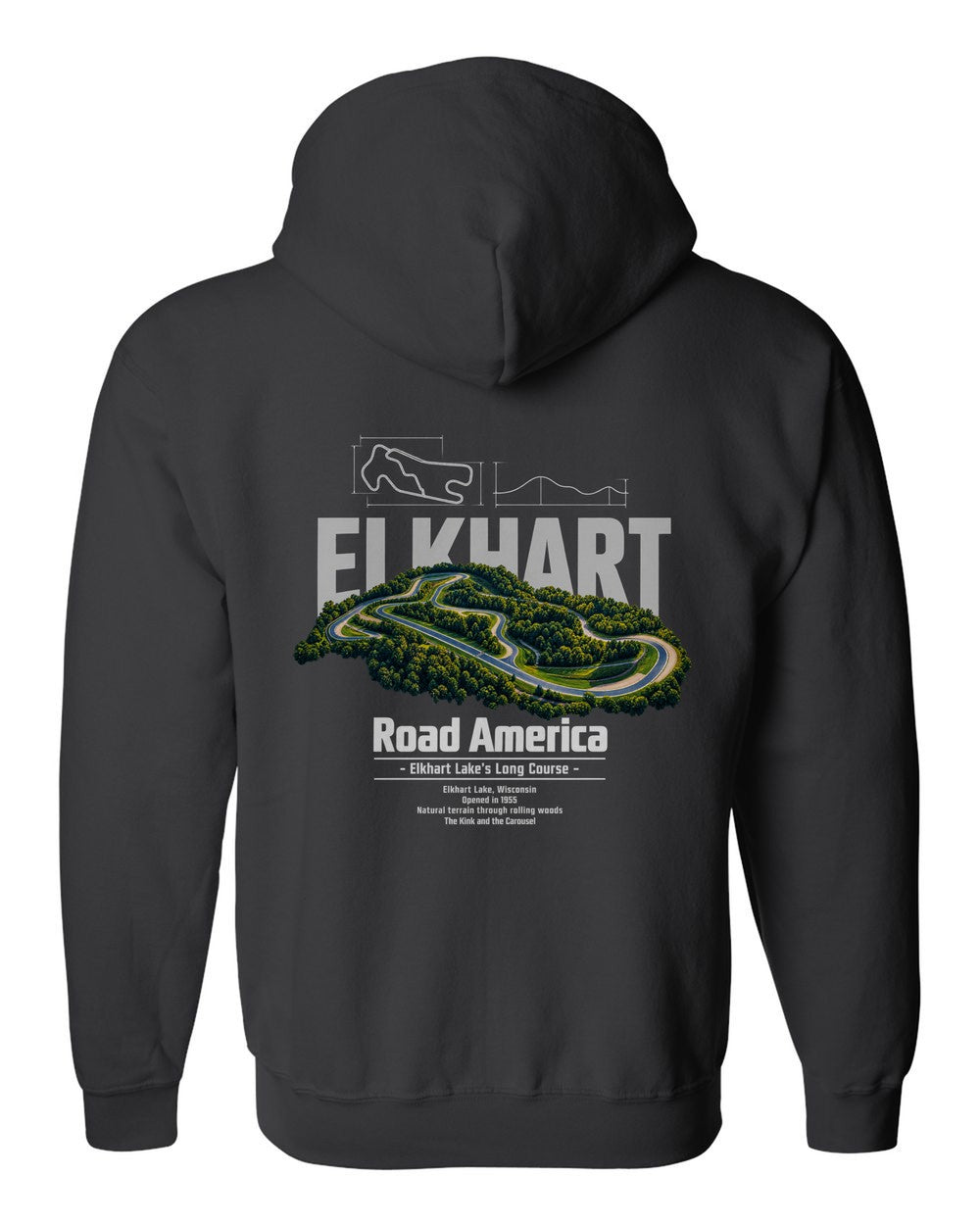 Road America black zip hoodie back view with the design