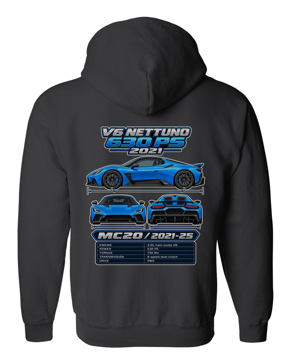 Maserati Mc20 spec sheet black zip hoodie back view with the design