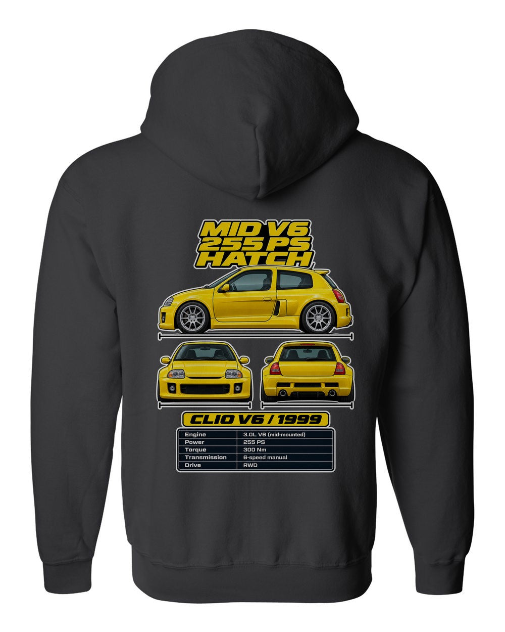 Renault Clio V6 spec sheet black zip hoodie back view with the design