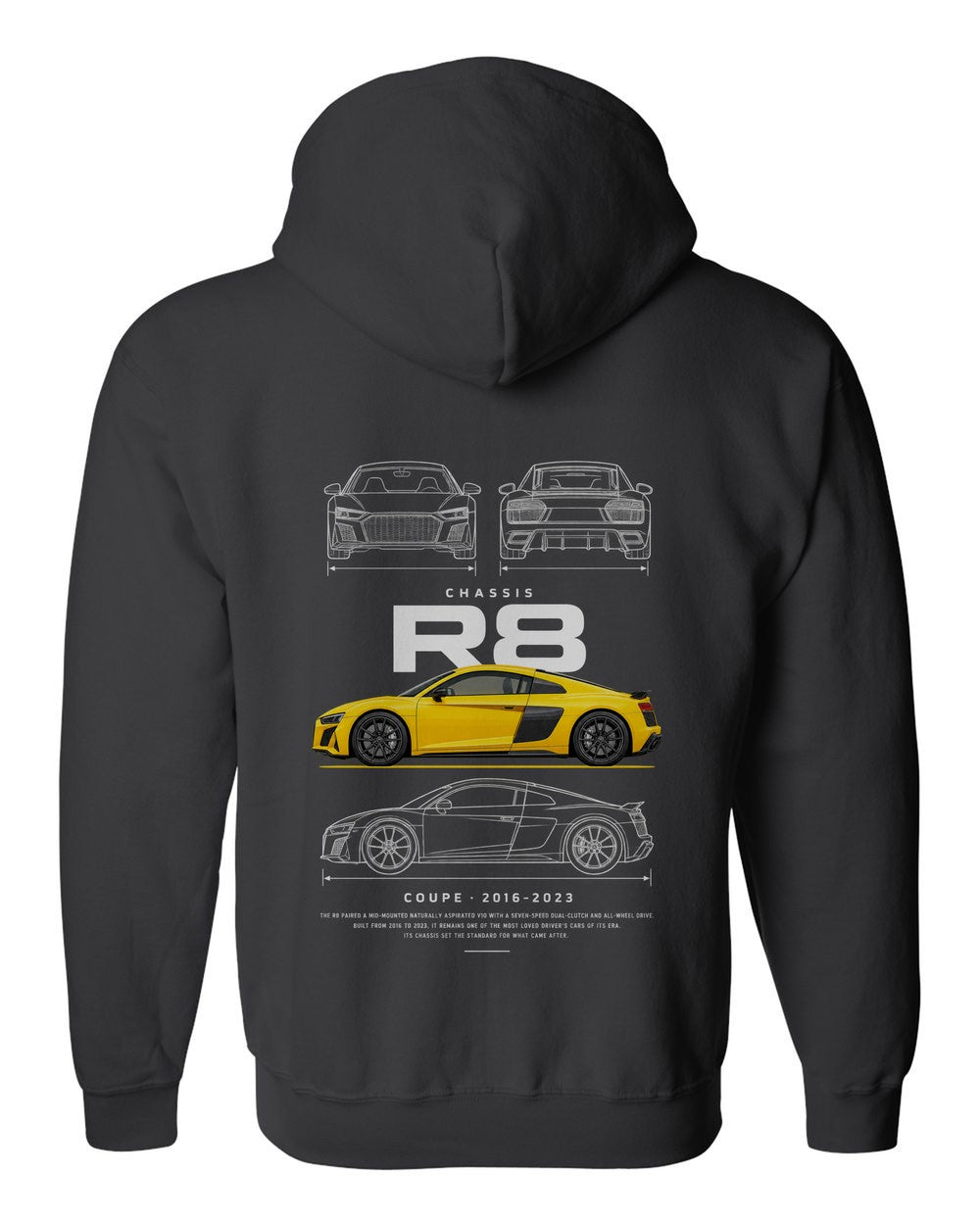 R8 full-back artwork black zip hoodie back view with the design