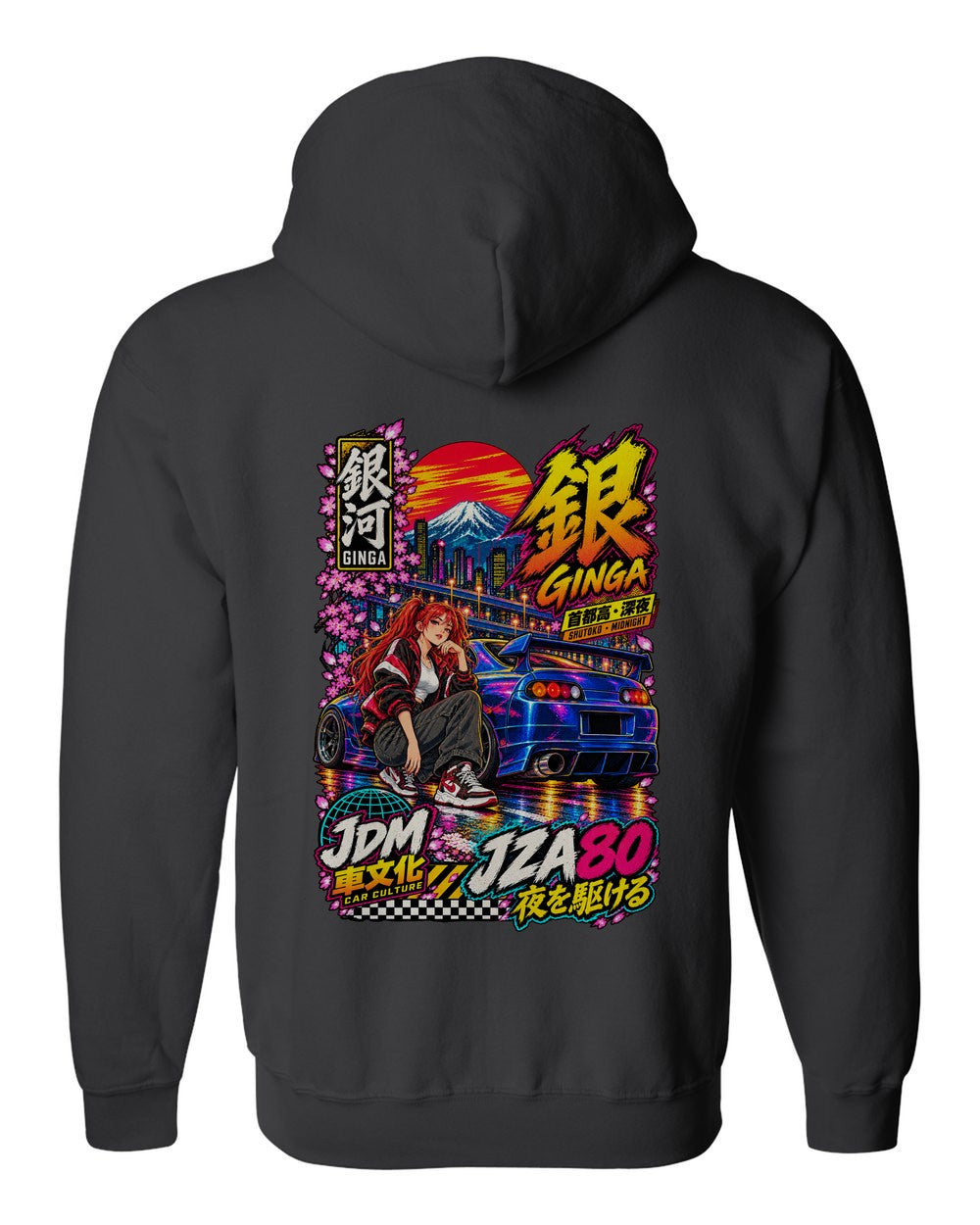 GINGA JZA80 full-back artwork black zip hoodie back view with the design