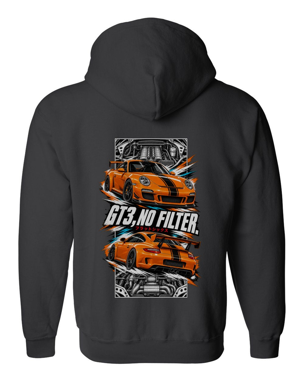 Porsche 997 Gt3 torn poster black zip hoodie back view with the design
