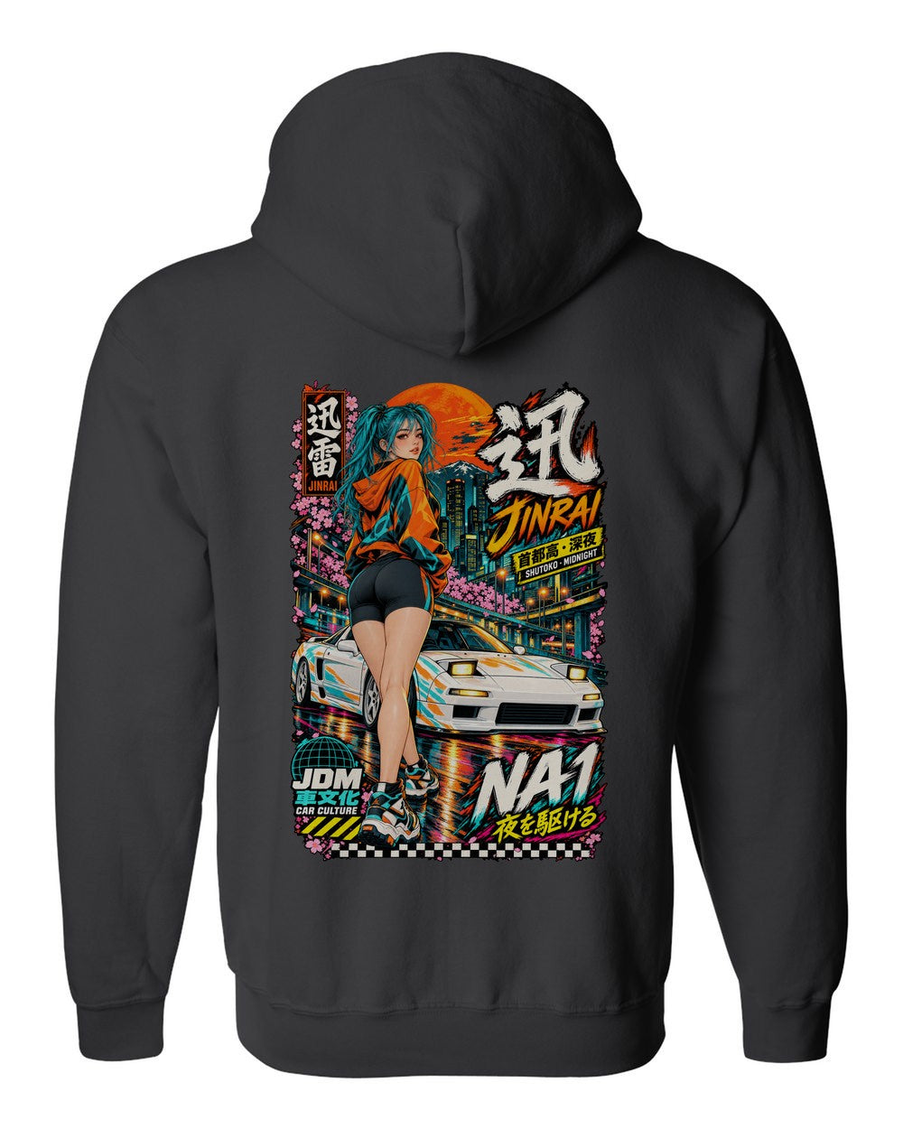 JINRAI NA1 full-back artwork black zip hoodie back view with the design
