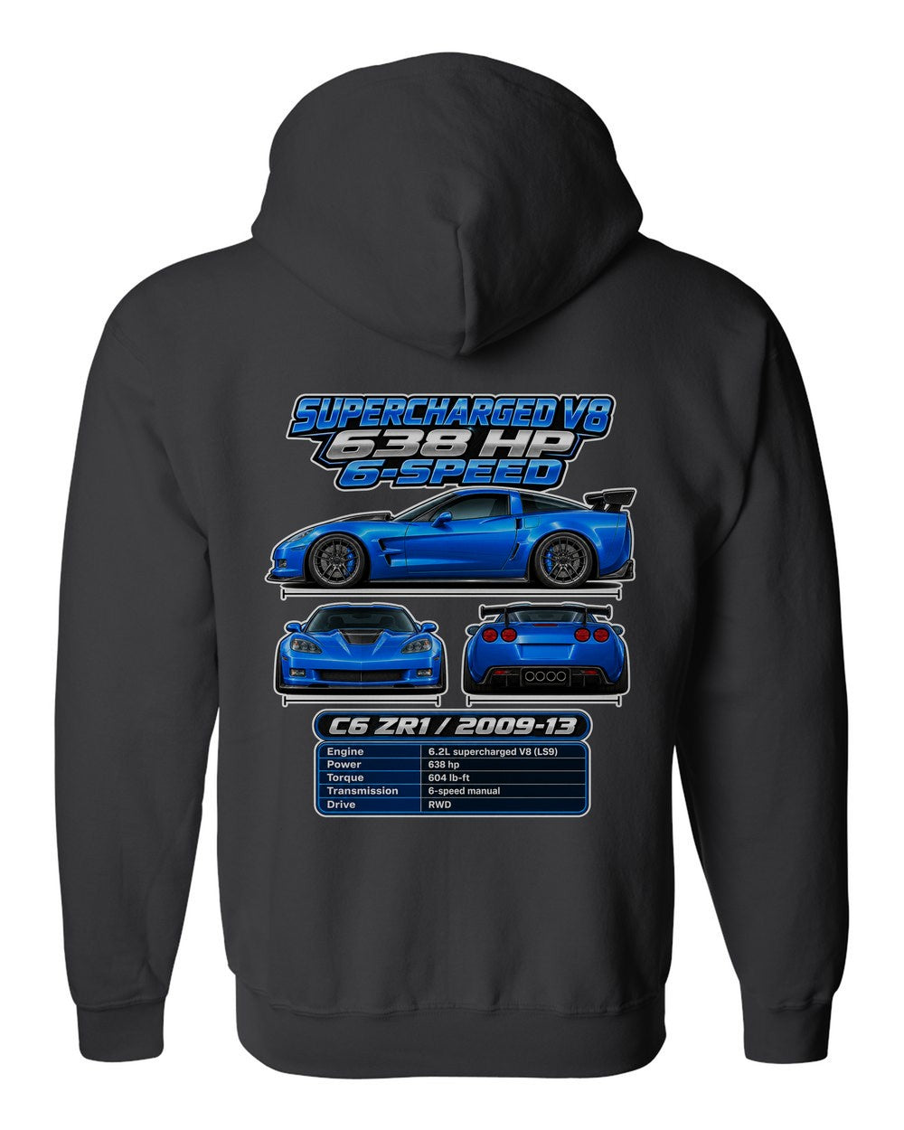Chevrolet Corvette C6 Zr1 spec sheet black zip hoodie back view with the design
