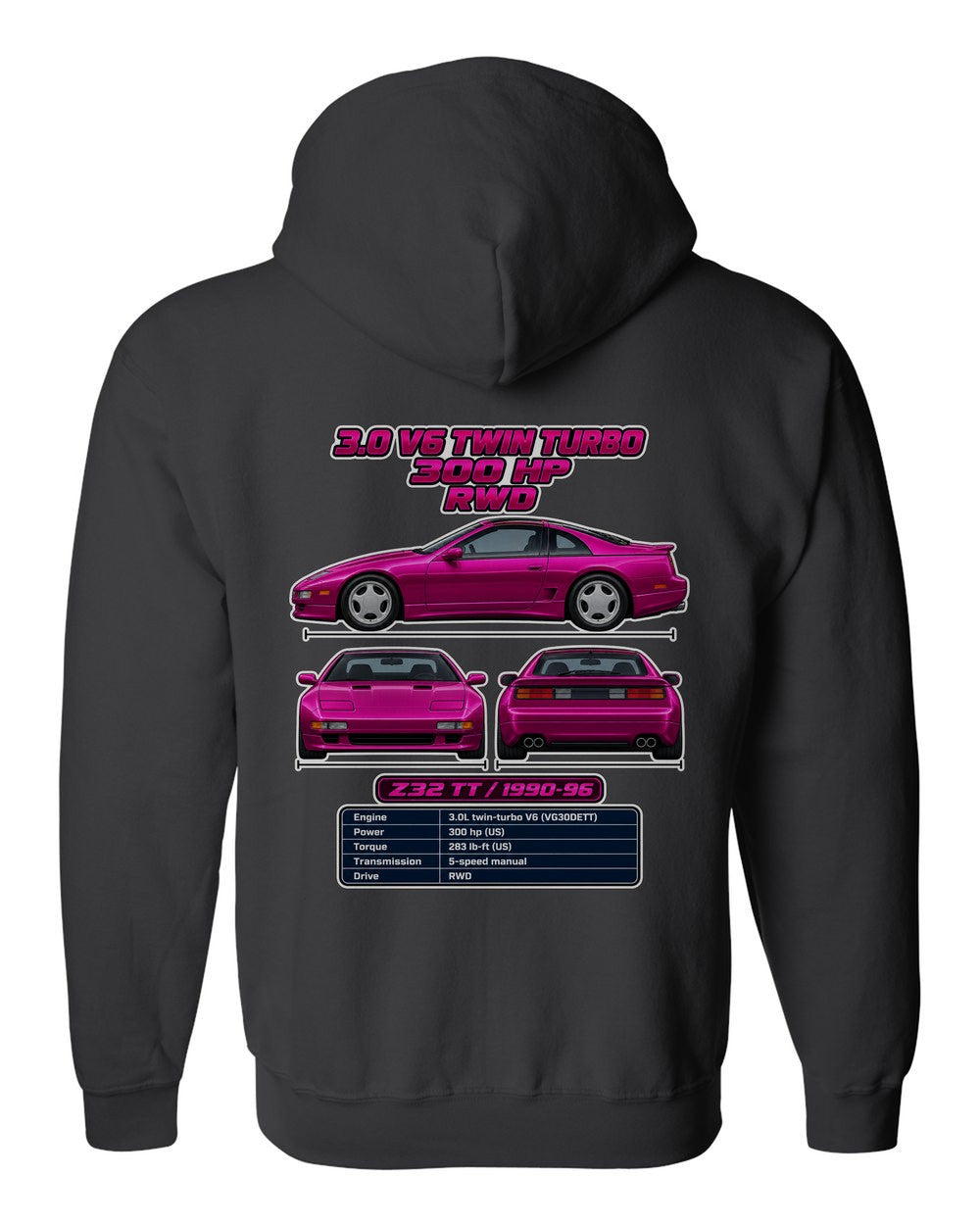 Nissan 300Zx Twin Turbo Z32 spec sheet black zip hoodie back view with the design