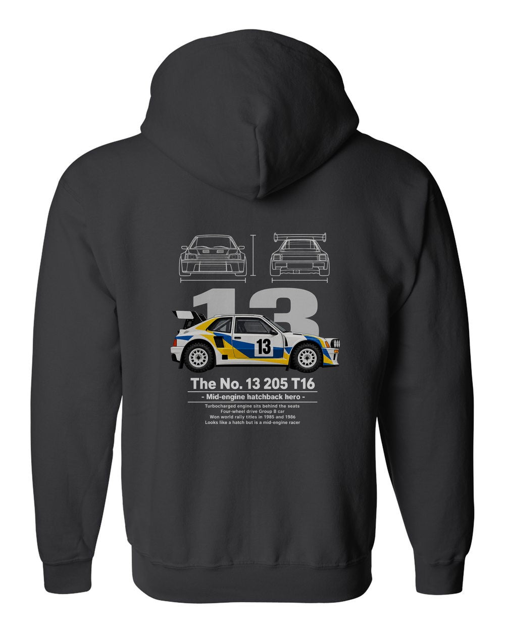 No. 13 205 T16 black zip hoodie back view with the design