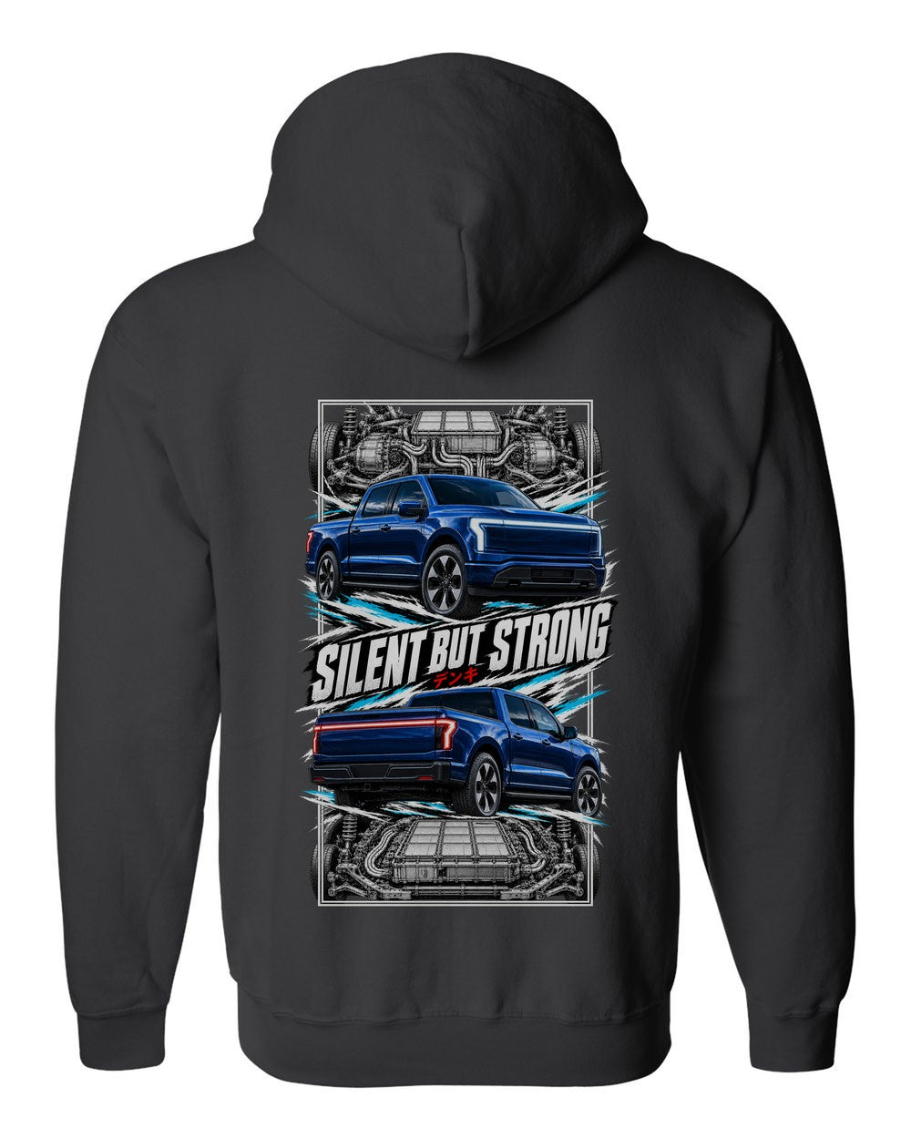 Ford F-150 Lightning torn poster black zip hoodie back view with the design