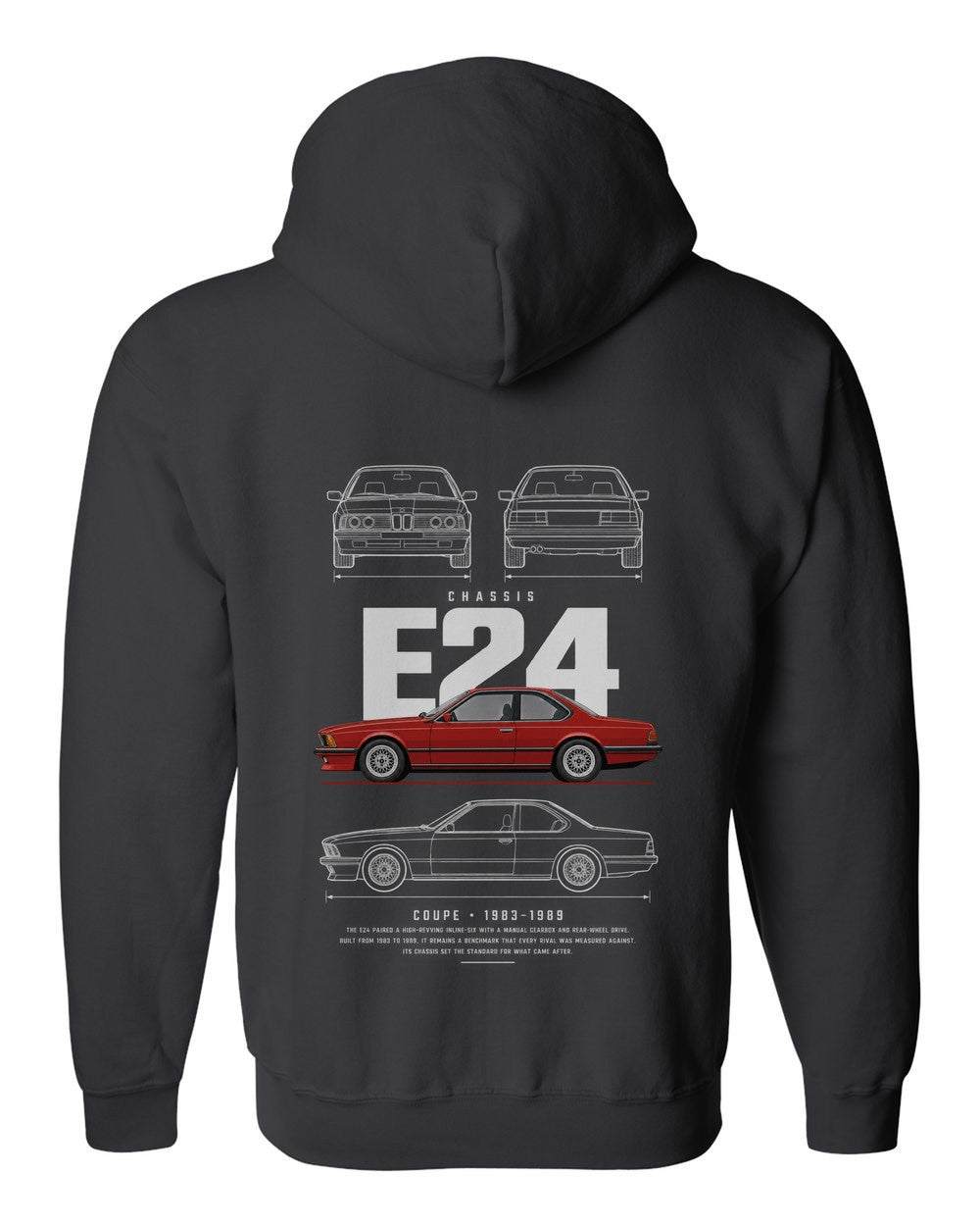 E24 full-back artwork black zip hoodie back view with the design