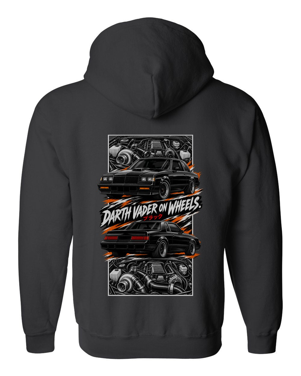 Buick Grand National torn poster black zip hoodie back view with the design