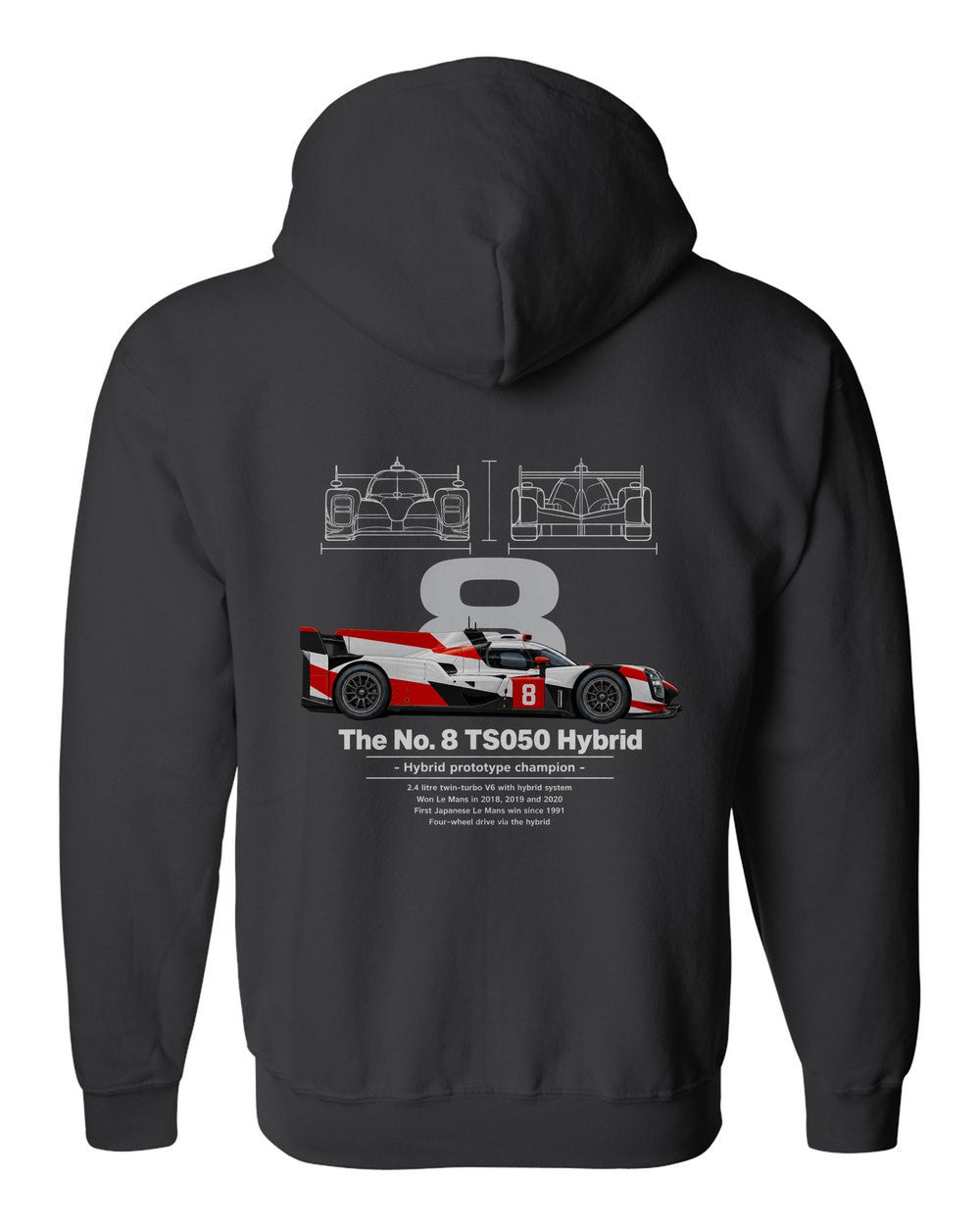 No. 8 TS050 Hybrid black zip hoodie back view with the design